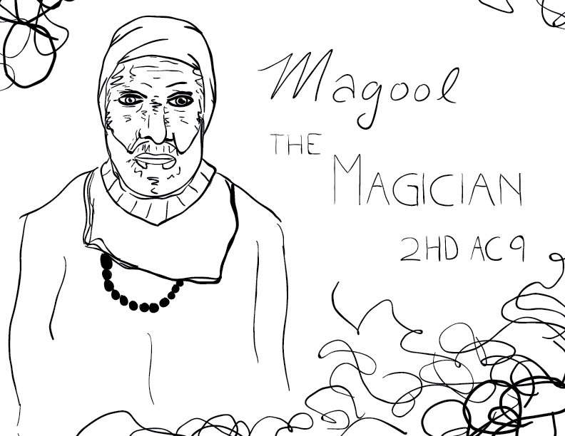 crude mono sketch of an older man wearing robes, a turban, and beads, labelled Magool the Magician, 2HD, AC 9